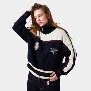 Zip-Front Navy and Cream Turtleneck Sweater with Burgundy Stripe